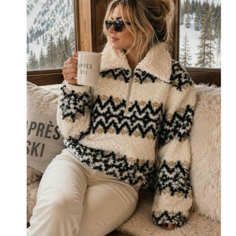 J. CREW Wool Modal Blend Sherpa Shearling Teddy Half Zip Fair Isle Coat Jacket